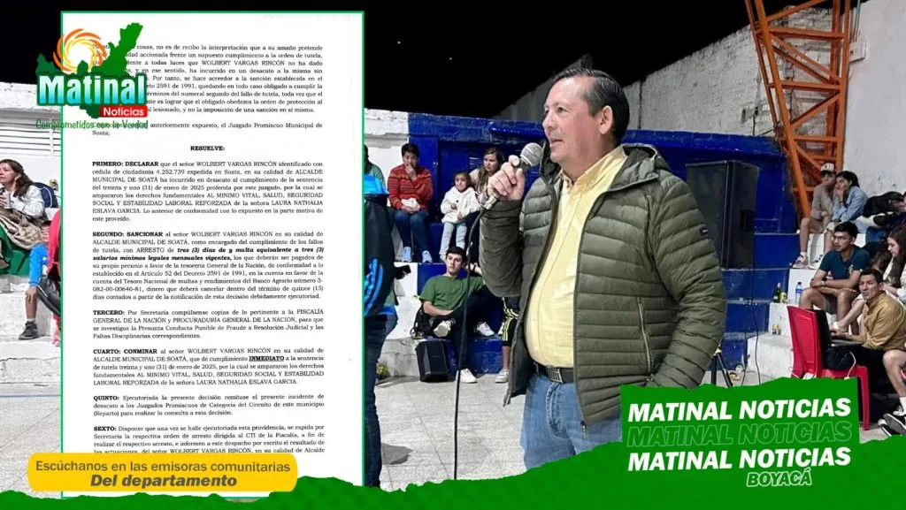 Se sancionó al alcalde de Soatá con 3 días de arresto y una multa de 3 smlmv