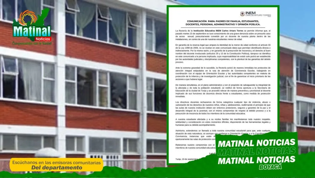 INEM Carlos Arturo Torres de Tunja, activa protocolos tras denuncia por presunto abuso sexual contra una estudiante