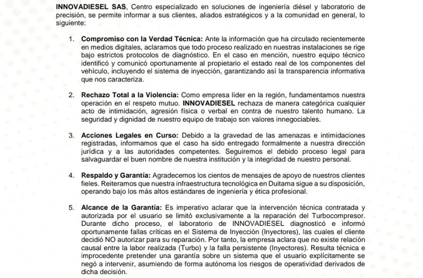 Innovadiesel denuncia agresiones y aclara controversia técnica en Duitama